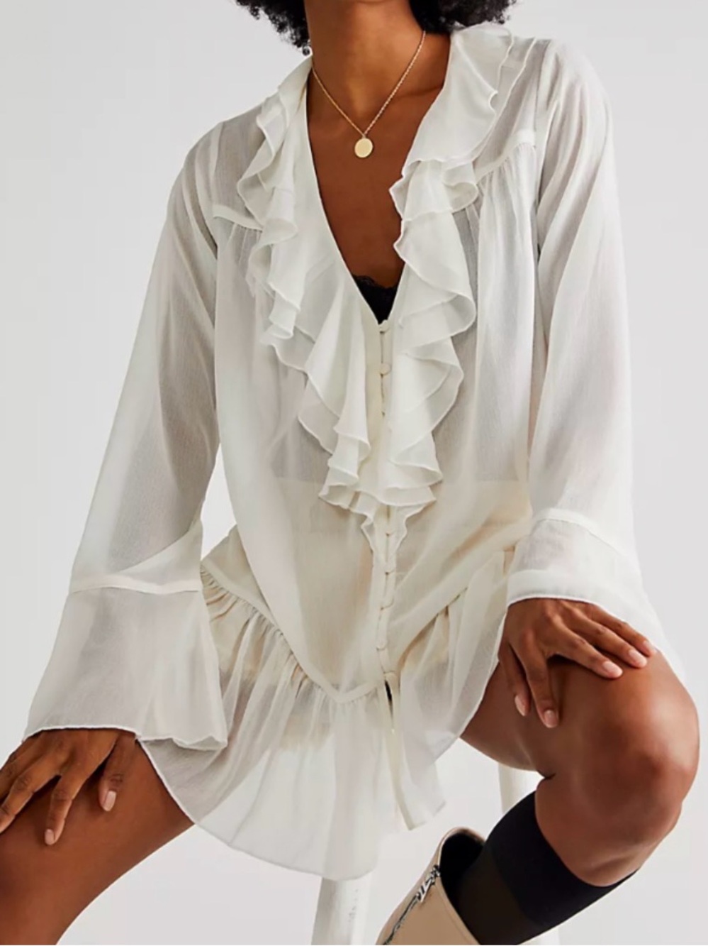 Free People Callie Sheer Tunic Ivory Sheer Ruffle Button Front Boho Blouse